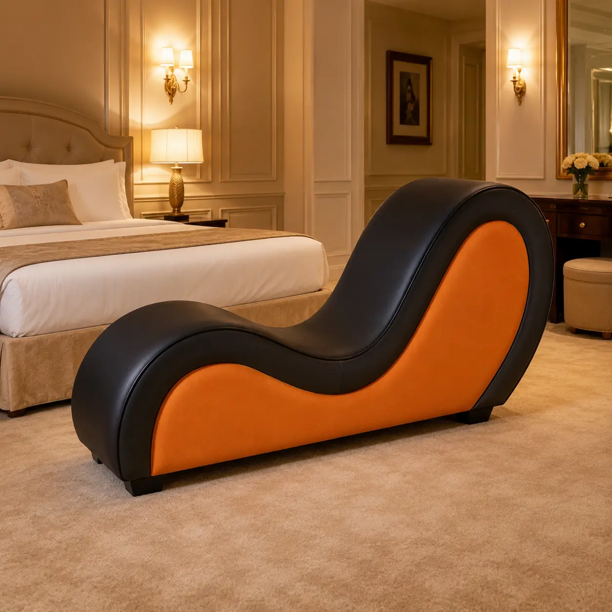 Recamier para Quarto, Motel e Hotel na cor Preto com laranja